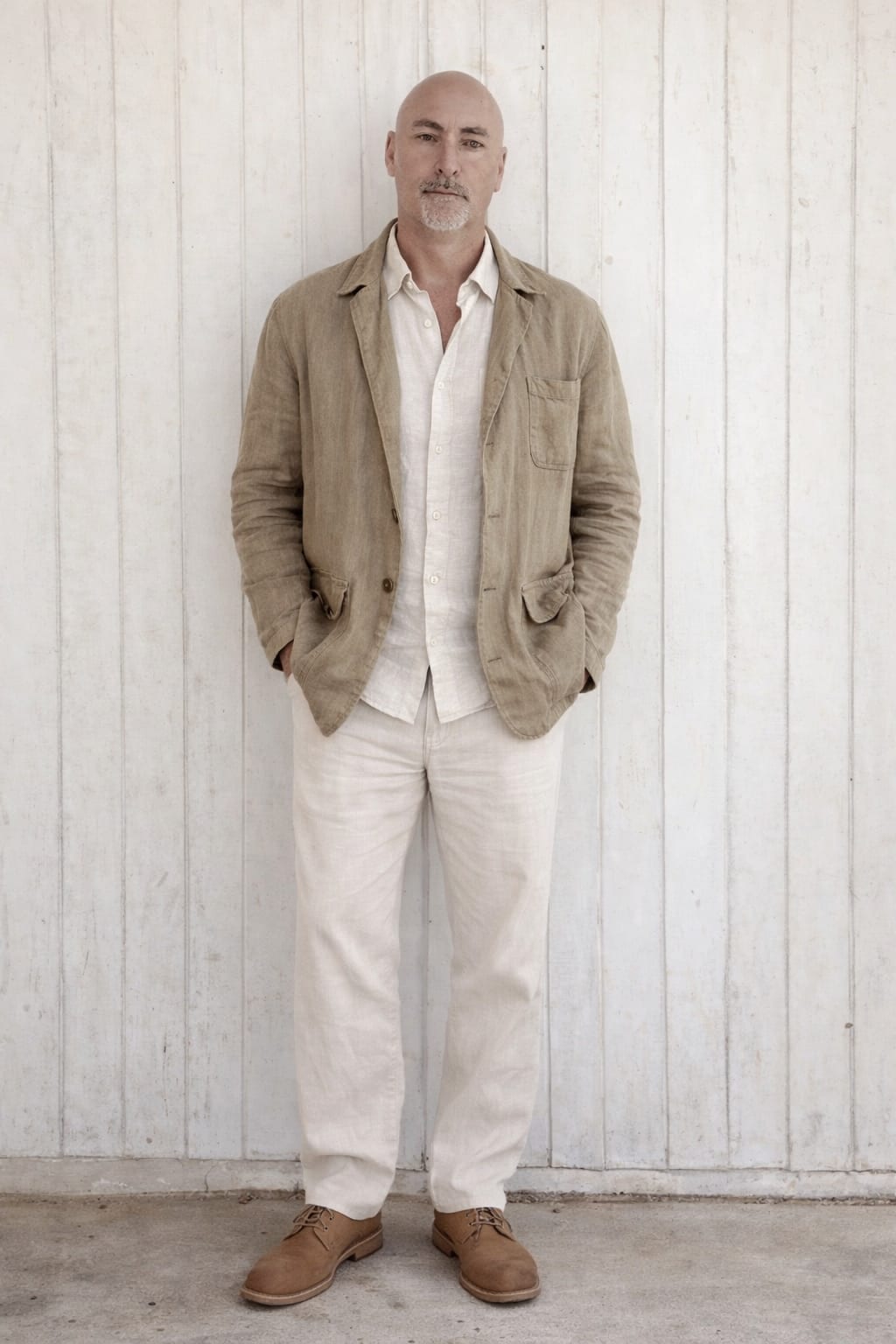 Jorge Riveros de pie contra un muro de madera blanca, con chaqueta de lino y pantalón claro.